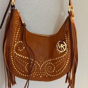 Michael Kors Cognac Leather Fringe Studded Shoulder Bag